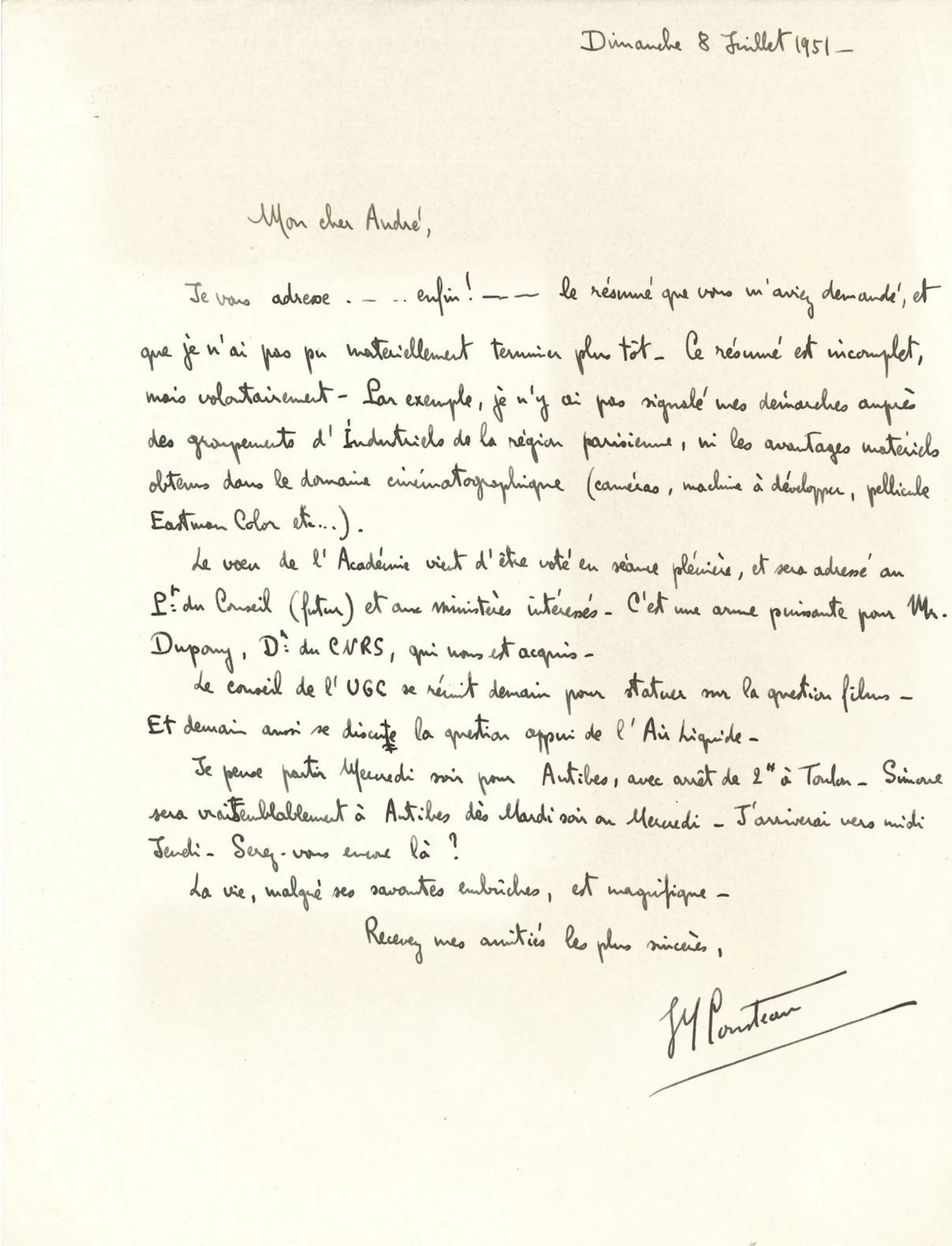 Courrier de Jacques-Yves Cousteau à George Auniac, 8 juillet 1951