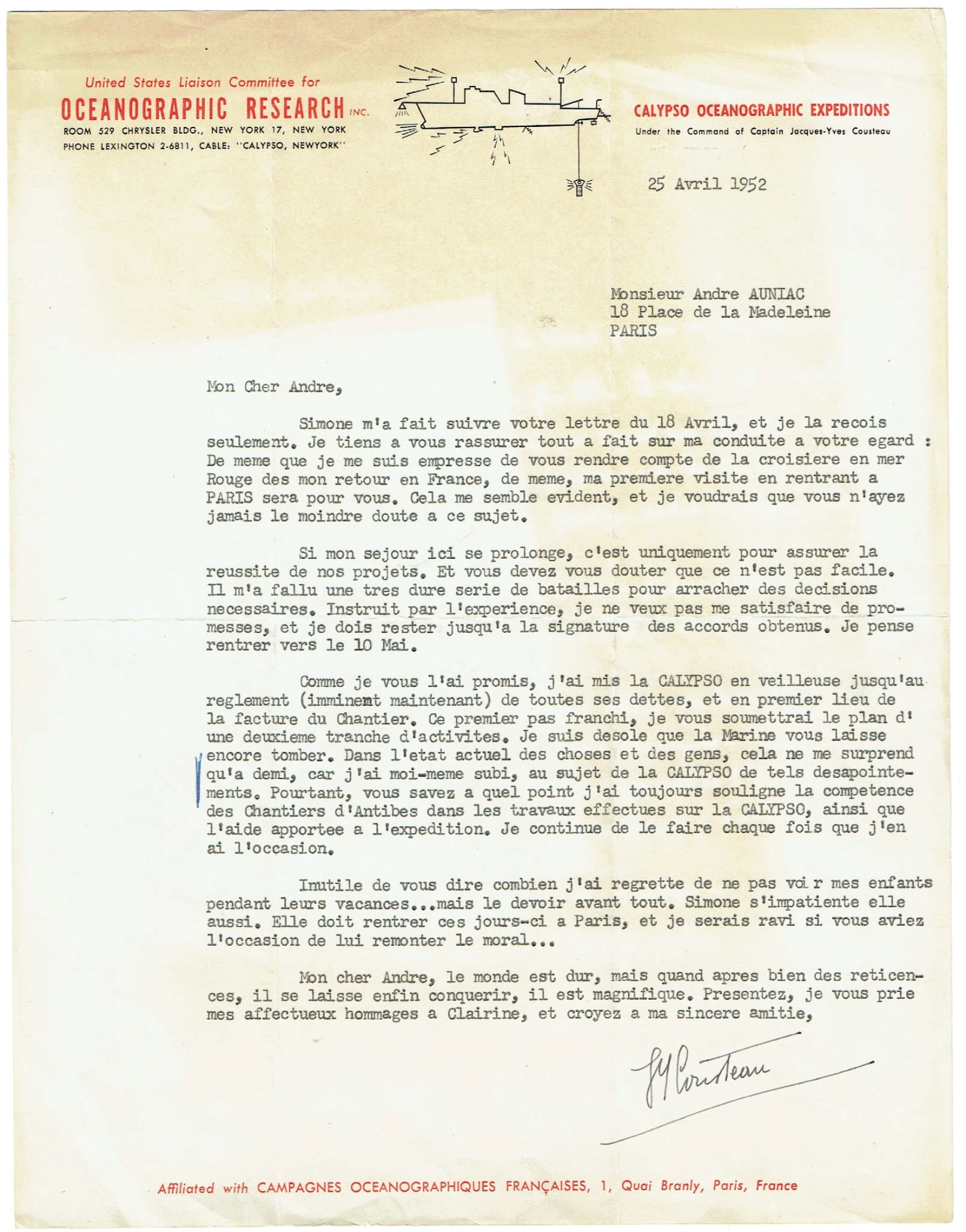 Lettre de Jacques-Yves Cousteau à George Auniac, 25 avril 1952
