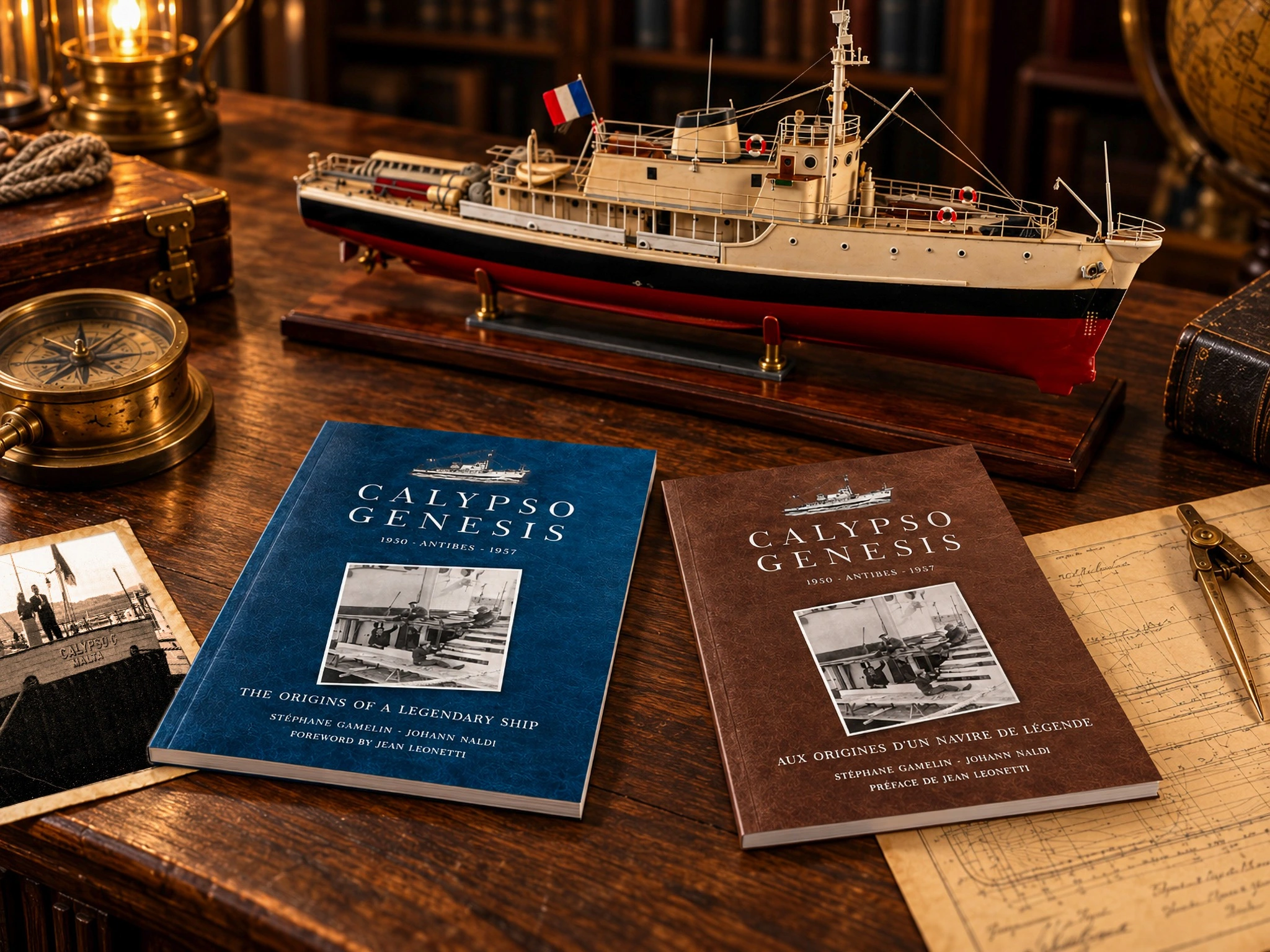 Livres Calypso Genesis, éditions anglaise et française, posés sur un bureau avec une maquette de la Calypso et une photographie ancienne