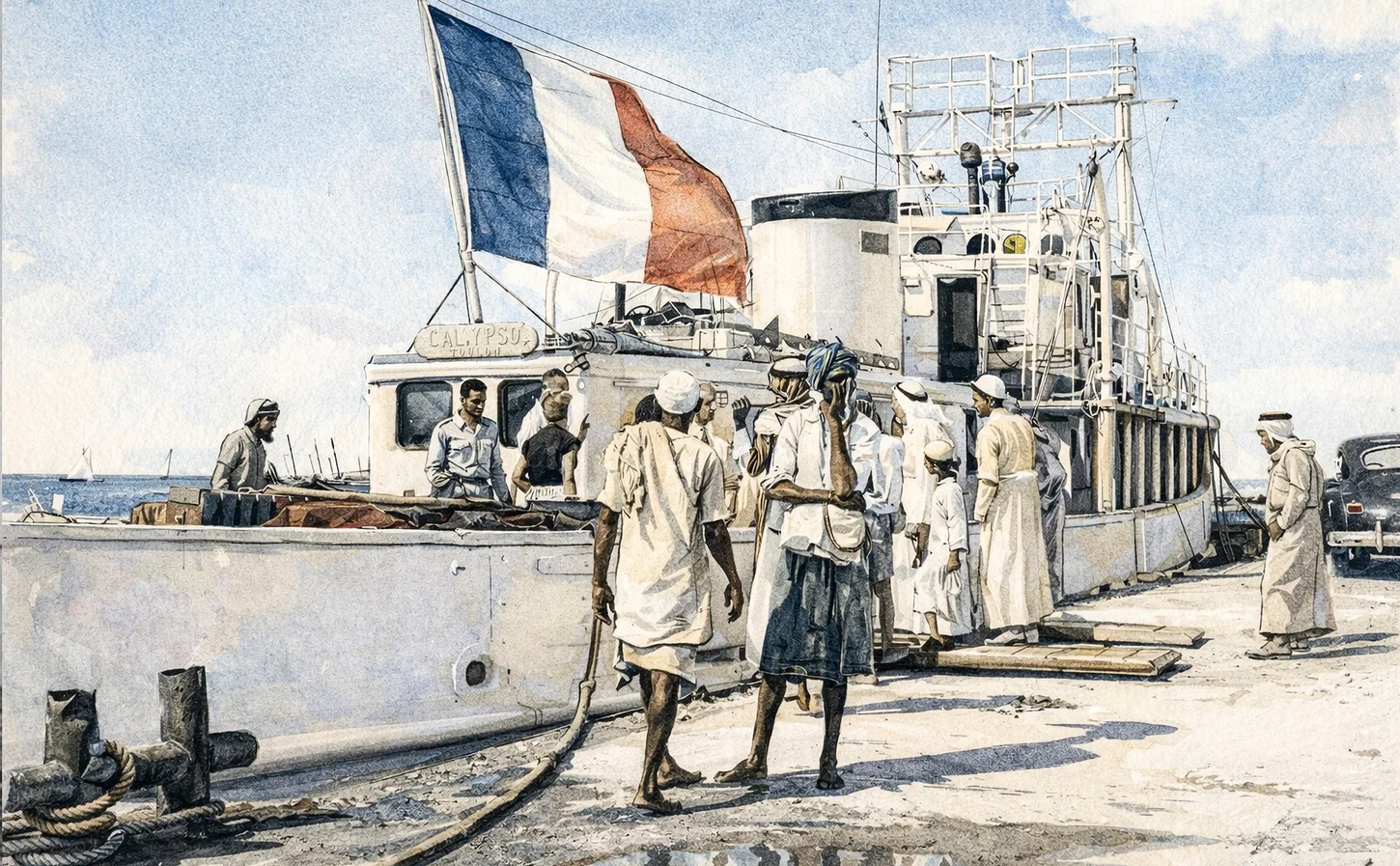 Aquarelle de la Calypso lors d’une escale au Yémen